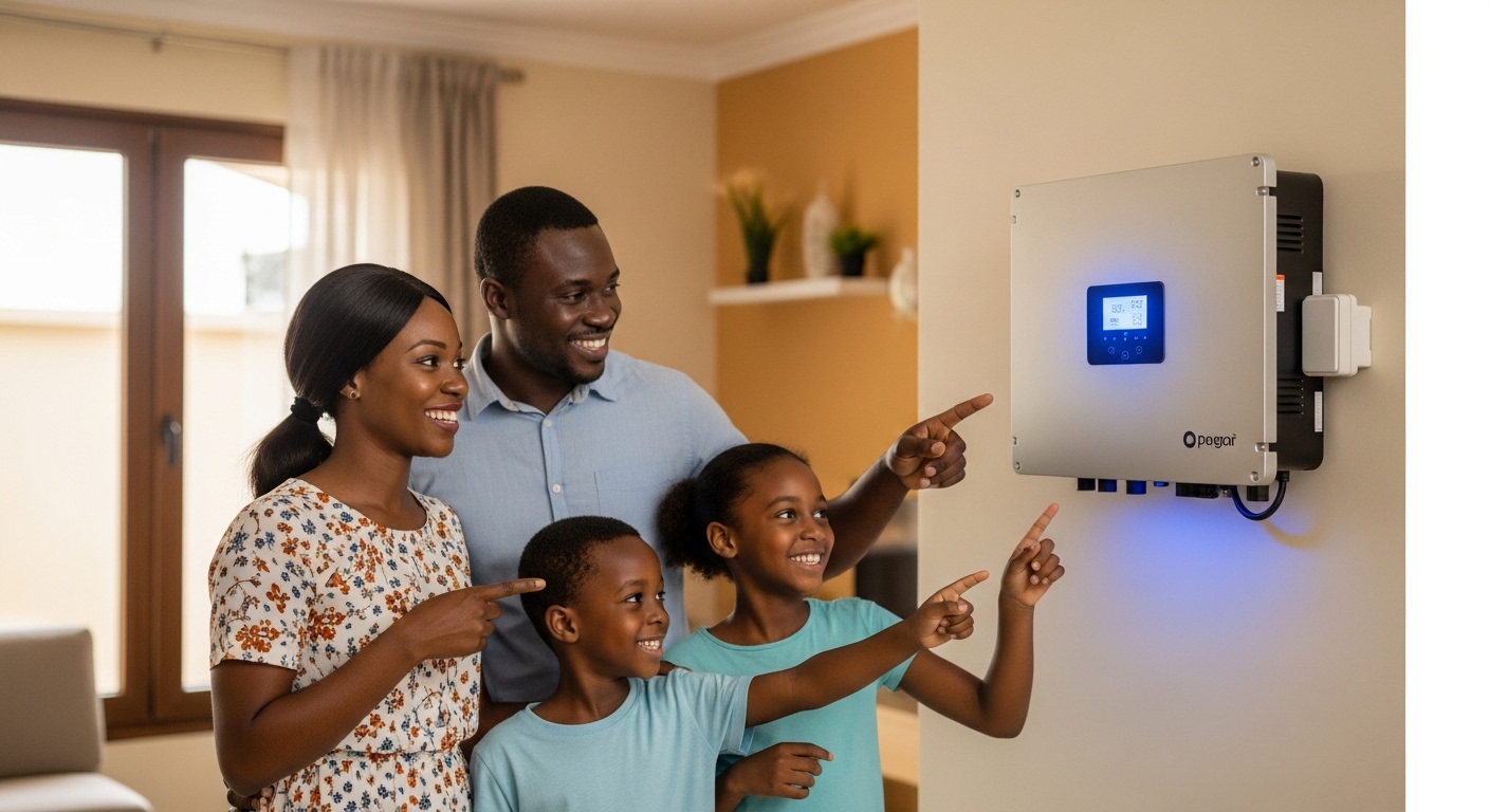 A smiling Nigerian family stands inside the house, pointing at a sleek solar inverter mounted on the wall, its LED lights glowing.